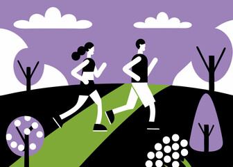 Vector flat landscape with green trees and two characters joggers on path.