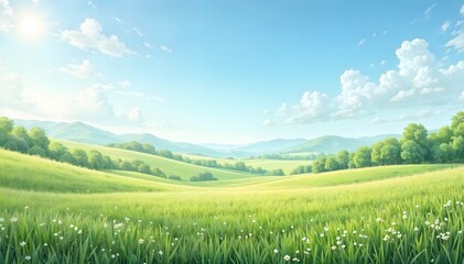 Sunny countryside landscape with green fields and blue sky