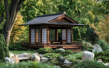 Serene Japanese-style gazebo nestled in a lush green garden with a pond and stepping stones.