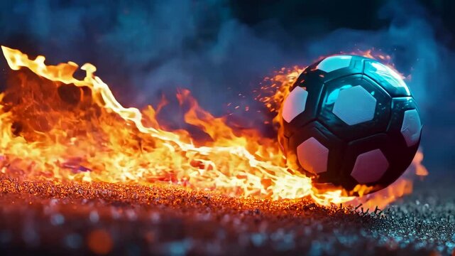 A soccer ball is on fire and is surrounded by flames. The image has a dramatic and intense mood, as the ball is in the middle of a fiery explosion