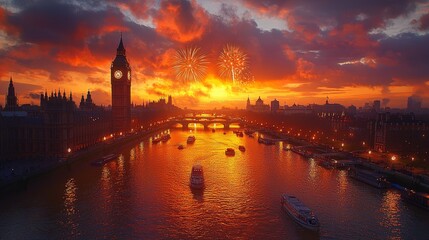 Naklejka premium Sunset fireworks over river thames with big ben and city skyline