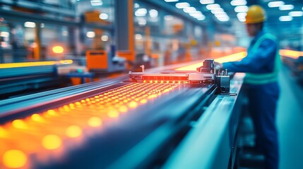 Industrial Worker Monitoring a Conveyor Belt of Molten Glass