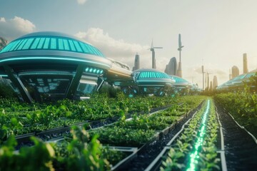 Naklejka premium Here's a and keyword list for your image.. Futuristic vertical farm in a sustainable city.