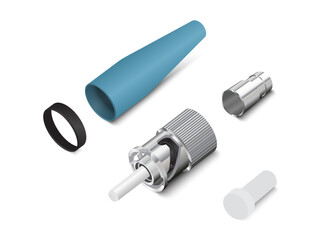 Realistic fiber optic cable with ST UPC connector on white background. vector illustration EPS 10.