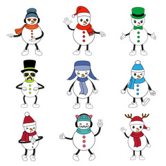 Snowman characters mascot set in winter hat 