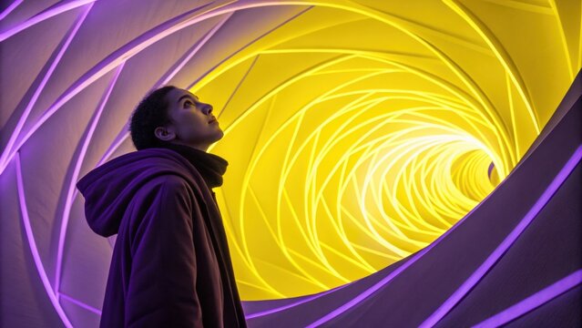 In a hypnotic whirl of neon yellow and deep violet fabric a person gazes thoughtfully towards the viewer. The colorful elements enhance their serene demeanor offering a striking