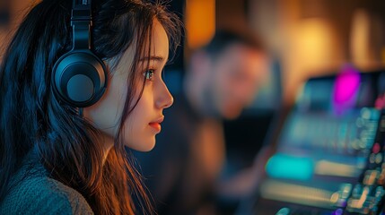 A vocalist adjusting their in-ear monitors while a producer gives feedback during a recording session