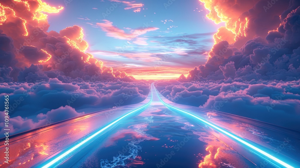 Poster a high-tech track with neon lines and futuristic technological elements, set against the backdrop of