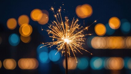 A close-up of a sparkler exploding in the night sky with blurred cityscape with buildings and lights in the background. Festive shiny celebration illustration stories background concept.	