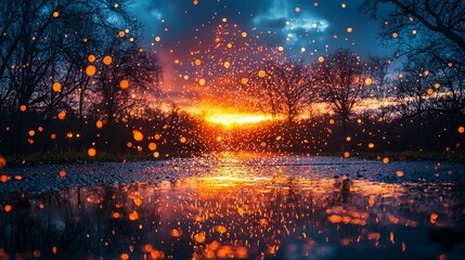 Fototapeta premium Breathtaking sunset reflecting on a rain-soaked surface in nature's beauty