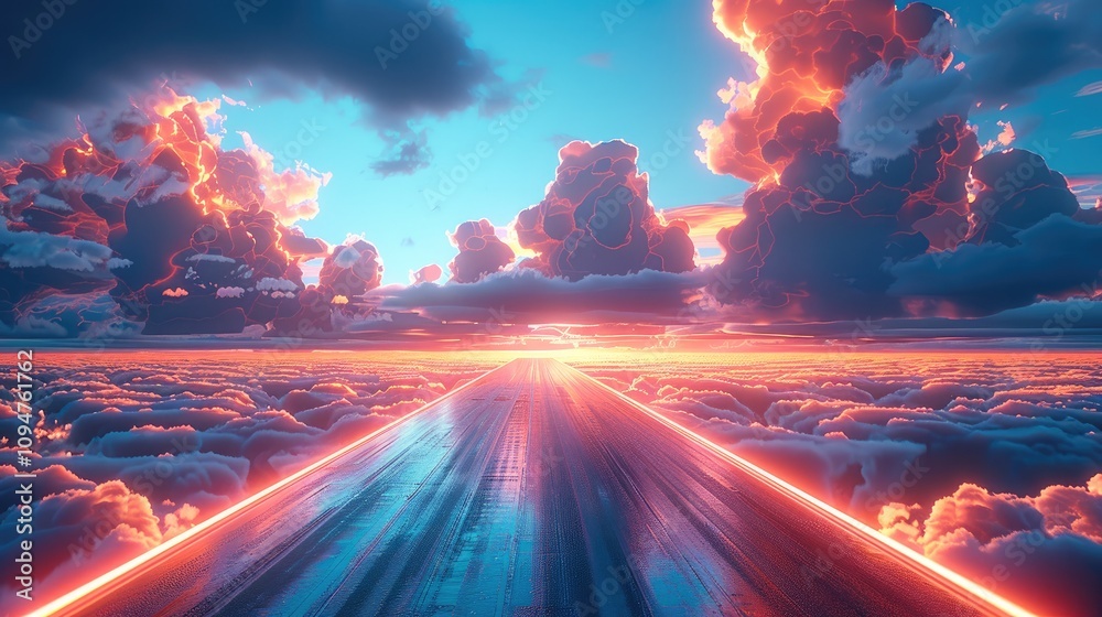 Poster A high-tech track with neon lines and futuristic technological elements, set against the backdrop of a clear blue sky with white clouds. The background is uncluttered.