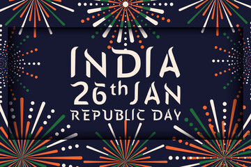 India Republic Day festive horizontal banner. Firework holiday banner with greeting typography. Vector illustration with Firecrackers