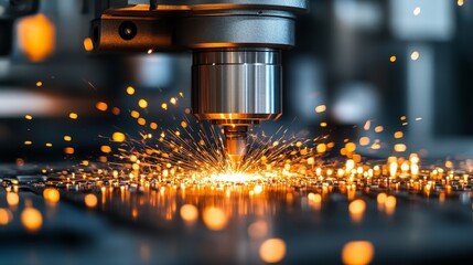 Close-up of a CNC Machine Cutting Metal with Sparks Flying