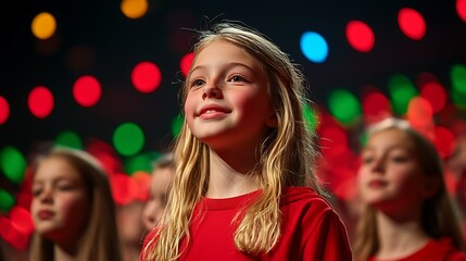 A lively choir performing on stage with synchronized movements and vibrant expressions