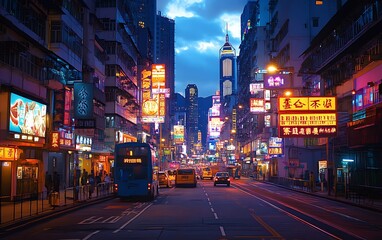 Night street scene in a bustling Asian city with neon signs, traffic, and buildings.