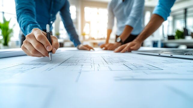 Architect and engineering team discussing construction plans displayed on a laptop, collaborative workplace, bright and clean setting