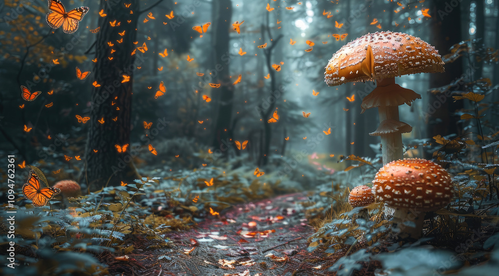 Poster a path with mushrooms and butterflies.