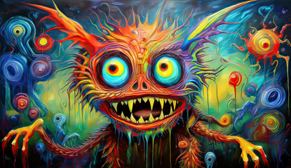 Horror-themed psychedelic painting of a monstrous figure