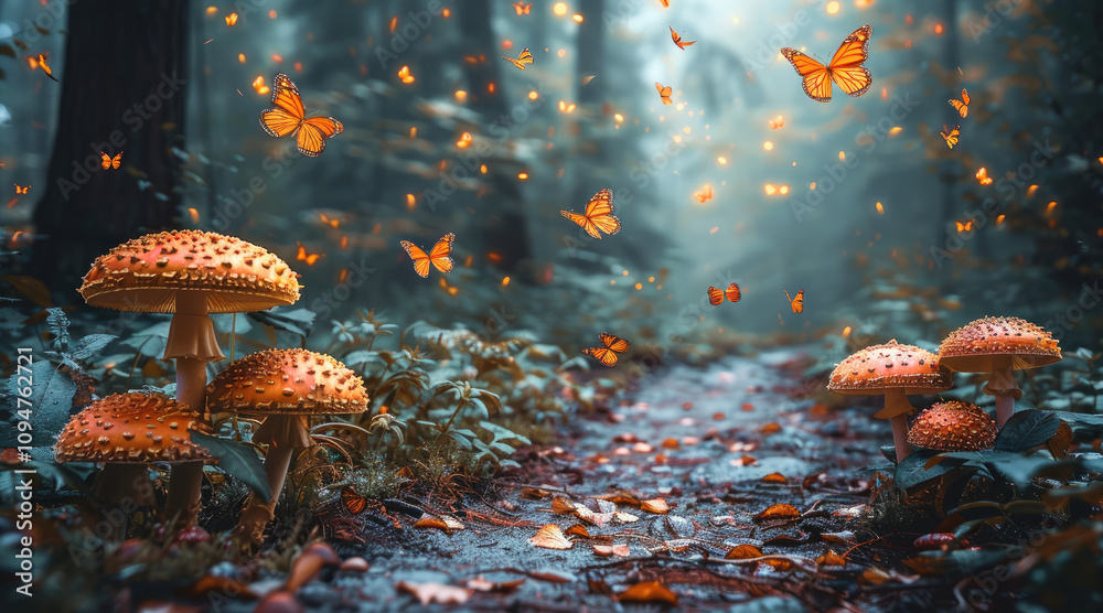 Poster a path with mushrooms and butterflies.