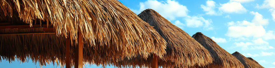 Fototapeta premium Beachside Palapas in the Afternoon: A row of thatched roof huts, providing shade for beachgoers as they relax and enjoy their day at the seaside.