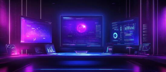 Obraz premium Futuristic tech control room with glowing screens displaying data, charts, and graphs in a dark room.