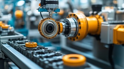 Fototapeta premium Robotic Arm Assembling a Gear Component in an Industrial Factory Setting