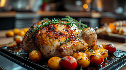 A blurred kitchen brigade is in the background with a cooked turkey in the foreground