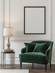 Elegant Green Velvet Armchair with Frame and Lamp