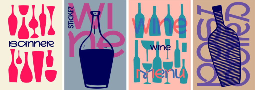 A retro-inspired set of minimalist wine posters with bold graphic elements, vibrant colors, and creative typography, ideal for menus, banners, and tasting events.