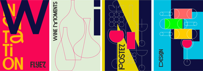 A dynamic set of modern wine posters combining bold typography, geometric patterns, and vibrant colors, perfect for creative branding and wine events.