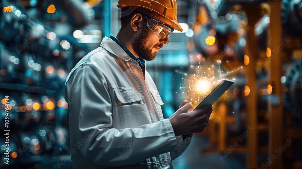 Poster Engineer or technician in professional attire holding a glowing tablet or blueprint that seems to illuminate the surroundings, symbolizing innovation and opportunity. The background features clean.