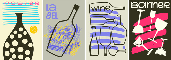 A creative set of wine posters featuring abstract bottles, vineyard illustrations, and vibrant typography, ideal for banners, labels, and wine events.