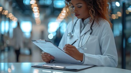 Doctor women and clipboard writing notes for hospital schedule, history record or healthcare checklist.