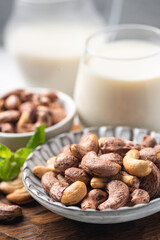 Organic cashews and vegan cashew milk, closeup view. Healthy alternative lactose free milk product