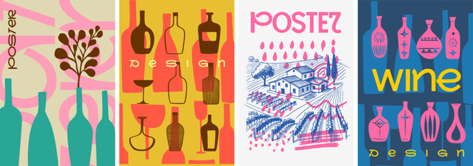 A vibrant and artistic set of wine posters featuring vineyard landscapes, abstract bottle designs, and modern typography, perfect for branding and wine promotions.