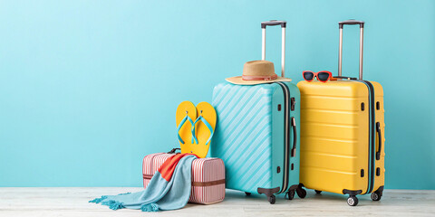 Obraz premium Suitcases with beach accessories on a blue background, evoking a sense of vacation and adventure, with items like sunglasses, a beach hat, and sunscreen, ready for a sunny getaway.