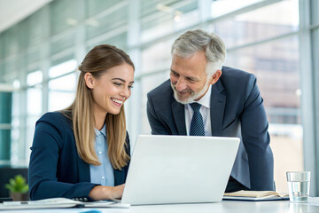 Obraz premium Team of two executives working together using laptop in office. 