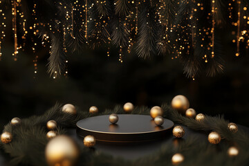 Round podium surrounded by golden spheres and pine branches on the side against dark background with. Christmas luxury scene for showcasing high-end products. Gold and black