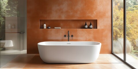 Sleek Modern Bathroom with White Tub and Terracotta Wall Mockup
