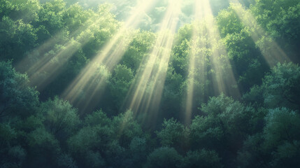 Sunbeams Piercing Through Lush Forest Canopy