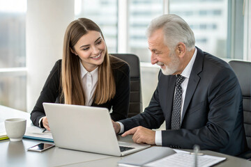 Obraz premium Team of two executives working together using laptop in office. 