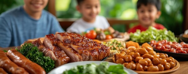 A heartwarming image depicting a family gathered around a shared meal, their table filled with symbolic foods representing abundance and fortune The scene exudes joy, togetherness, and the richness