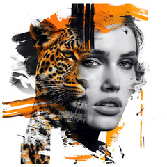 A high-fashion image of a woman in bold geometric shapes and sunglasses, featuring dynamic orange and black tones.