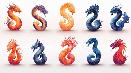 Obraz premium Vibrant dragon illustrations featuring diverse styles and colors in a unique arrangement