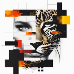 A modern art-inspired portrait featuring orange tones and fragmented shapes, ideal for contemporary fashion campaigns.