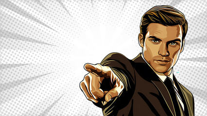 Illustration of a businessman in a suit, pointing his finger