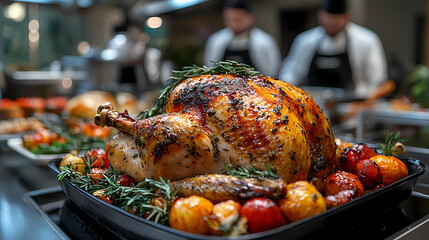 A blurred kitchen brigade is in the background with a cooked turkey in the foreground