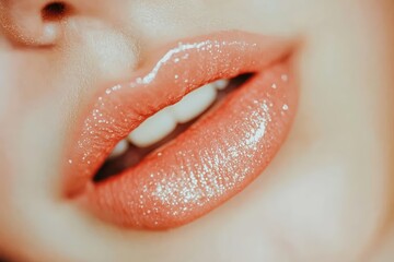 Close-up of glossy lips with shimmer
