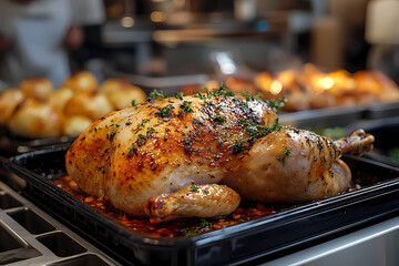 A blurred kitchen brigade is in the background with a cooked turkey in the foreground