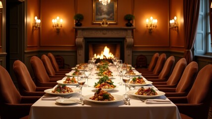 Elegant dinner party luxurious restaurant food presentation cozy atmosphere dining room culinary experience